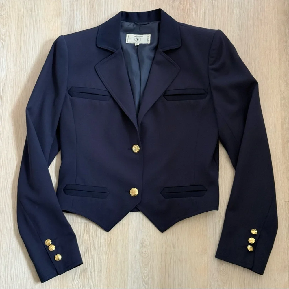 Vintage Valentino Miss V Navy Cropped Blazer with Gold Buttons - Picture 3 of 11